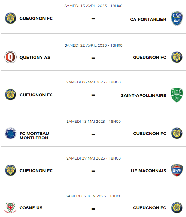 National 3 calendrier FC Gueugnon
