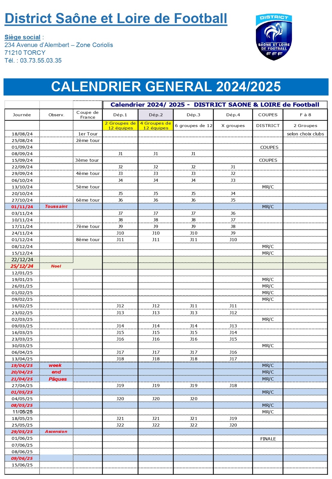 calendrier général 2024/2025